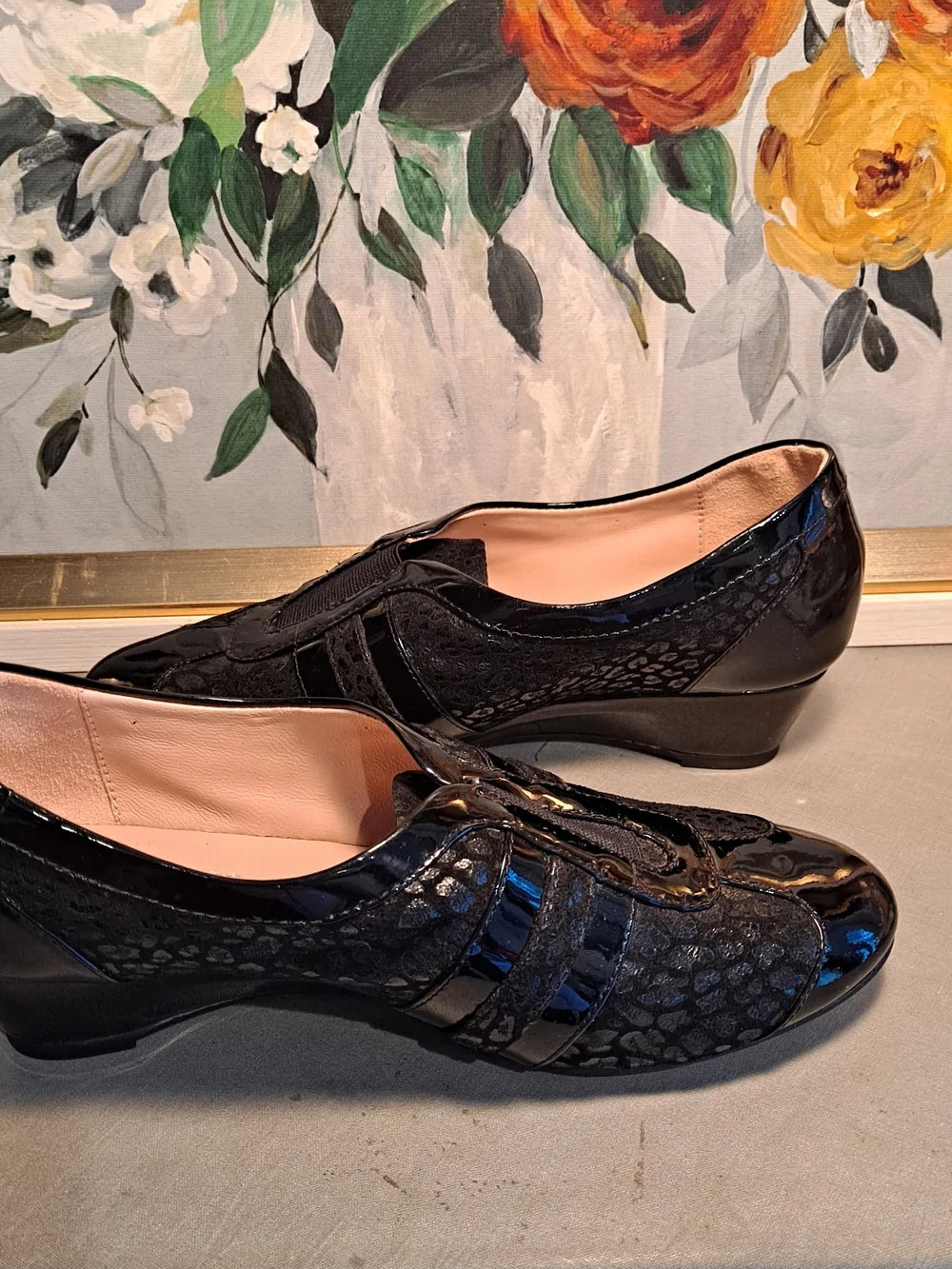 Taryn Rose Traveler Paislee Black Patent Textured Animal Print Slip-On Wedges